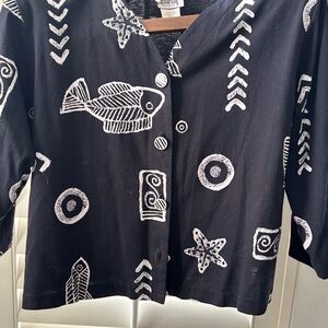 Copa Cabana Black Top large‎ corresponding buttons short sleeve fishes
